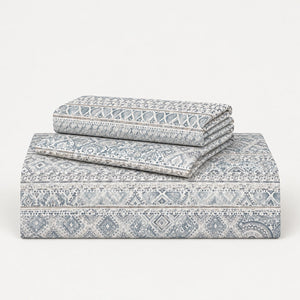 Calla Blue-Grey Geometric Stripe 300TC Pure Cotton Sateen Bed Sheet - Home Artisan