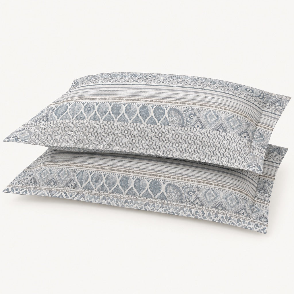 Calla Blue-Grey Geometric Stripe 300TC Pure Cotton Sateen Bed Sheet - Home Artisan