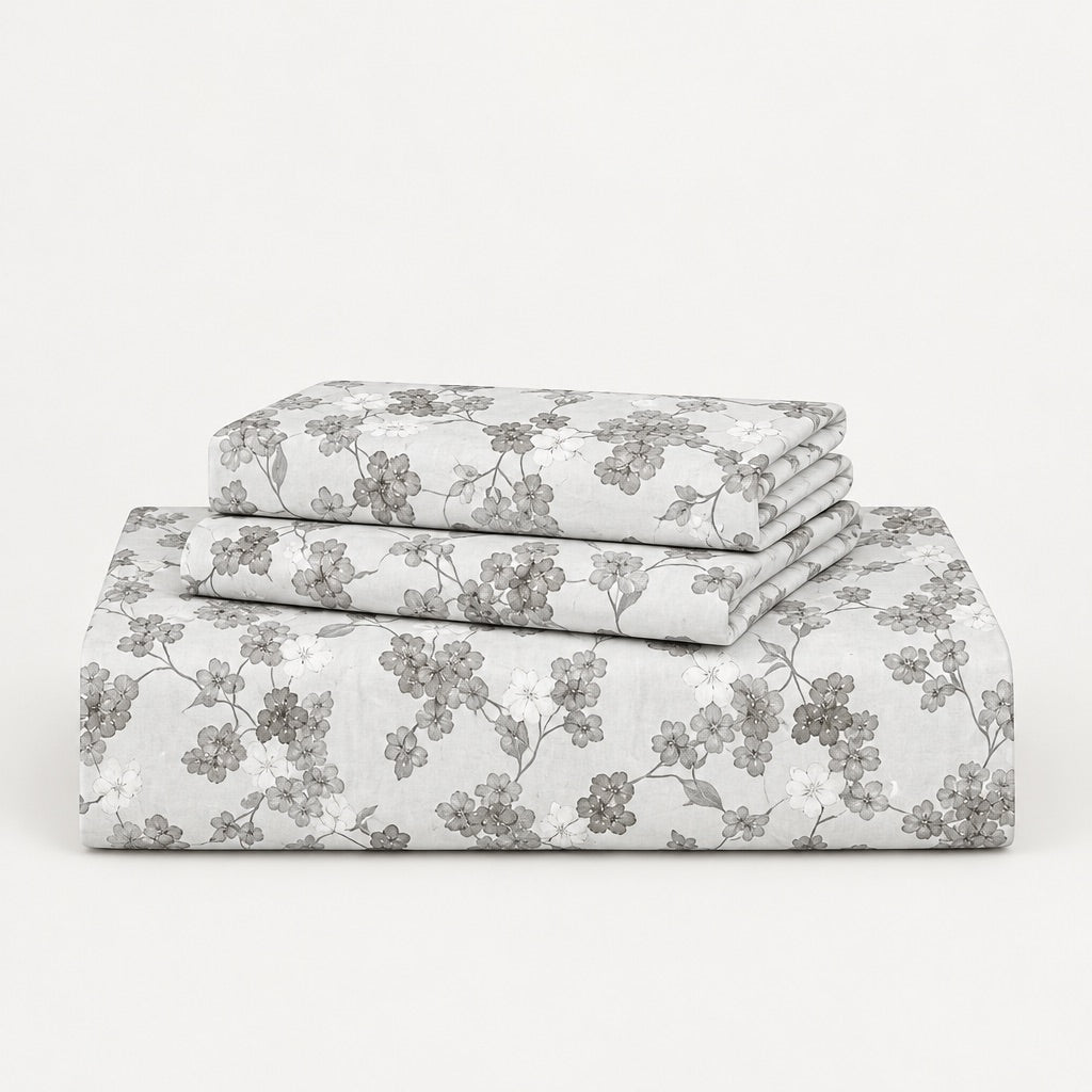 Clematis Grey Trailing Floral 300TC Pure Cotton Sateen Bed Sheet - Home Artisan