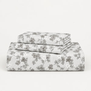 Clematis Grey Trailing Floral 300TC Pure Cotton Sateen Bed Sheet - Home Artisan