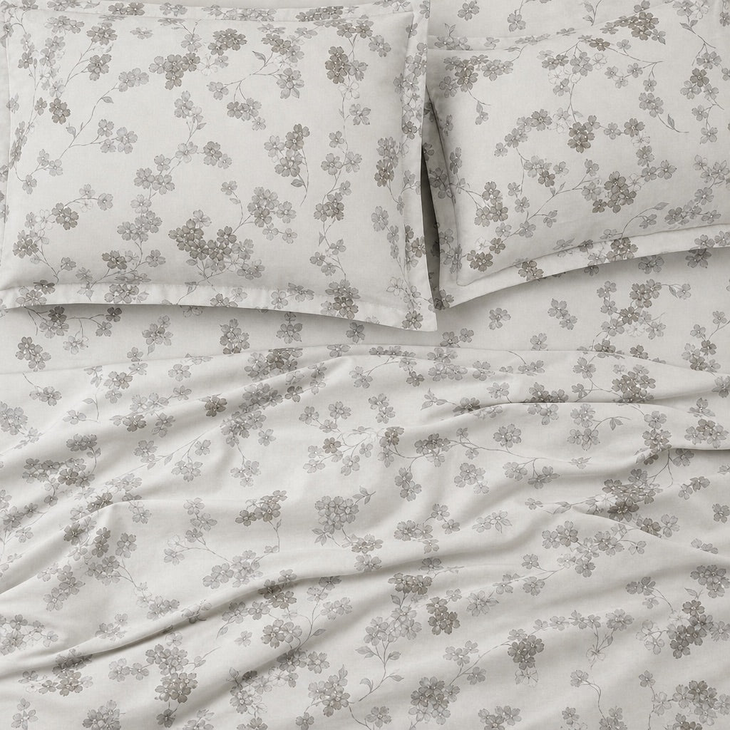 Clematis Grey Trailing Floral 300TC Pure Cotton Sateen Bed Sheet - Home Artisan