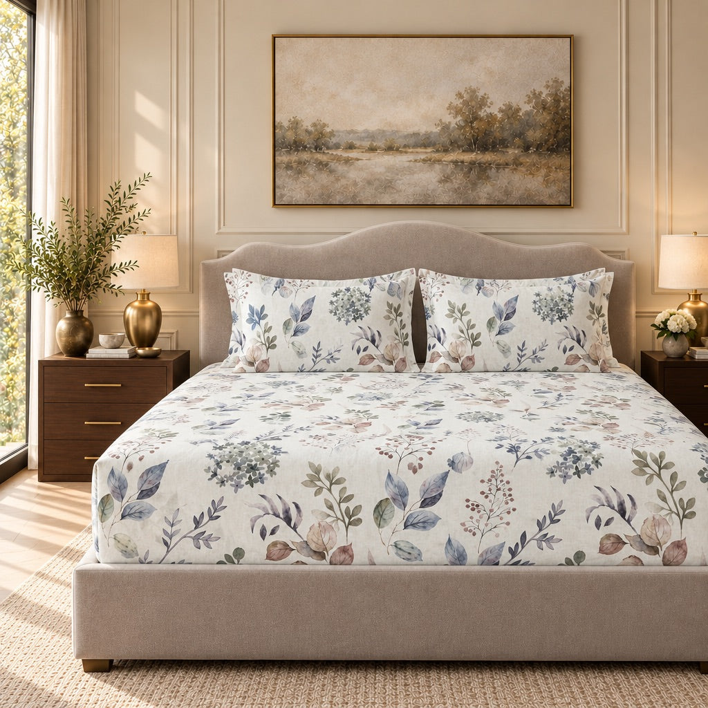 Salvia Multicolour Botanical Sprig 300TC Pure Cotton Sateen Bed Sheet - Home Artisan