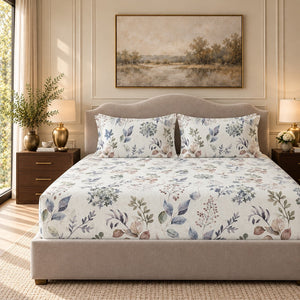 Salvia Multicolour Botanical Sprig 300TC Pure Cotton Sateen Bed Sheet - Home Artisan
