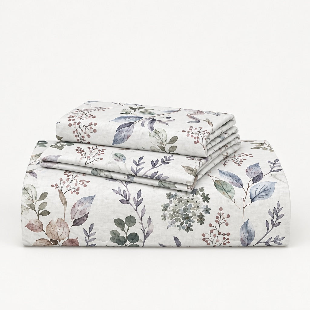 Salvia Multicolour Botanical Sprig 300TC Pure Cotton Sateen Bed Sheet - Home Artisan