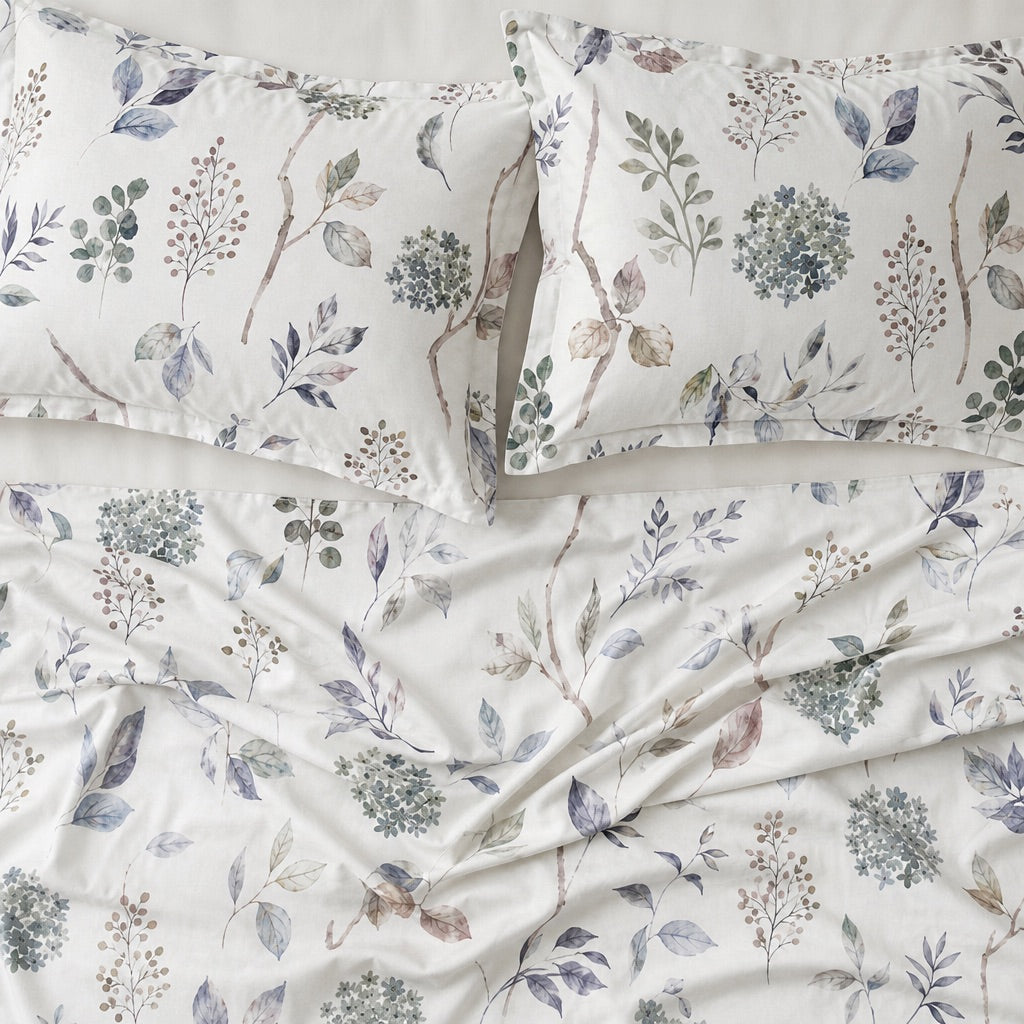 Salvia Multicolour Botanical Sprig 300TC Pure Cotton Sateen Bed Sheet - Home Artisan