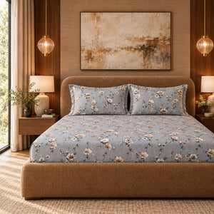 Rosette Slate Grey Rosebud 300TC Pure Cotton Sateen Bed Sheet - Home Artisan