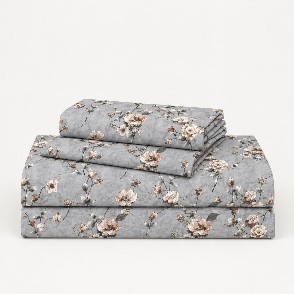 Rosette Slate Grey Rosebud 300TC Pure Cotton Sateen Bed Sheet - Home Artisan