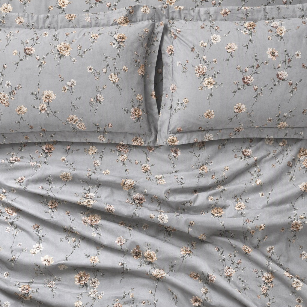 Rosette Slate Grey Rosebud 300TC Pure Cotton Sateen Bed Sheet - Home Artisan