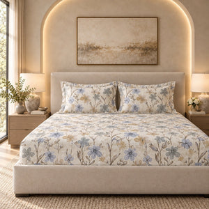 Calendula Blue & Ochre Wildflower 300TC Pure Cotton Sateen Bed Sheet - Home Artisan
