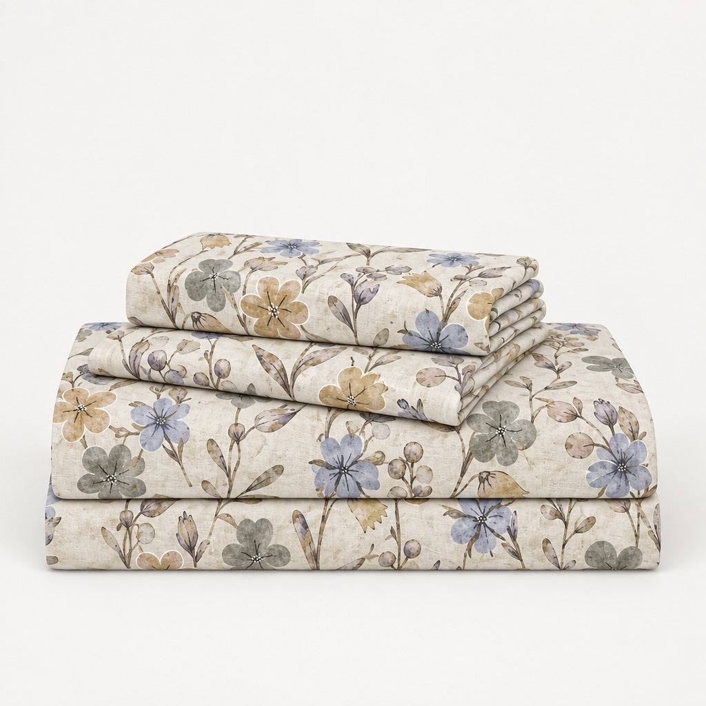 Calendula Blue & Ochre Wildflower 300TC Pure Cotton Sateen Bed Sheet - Home Artisan