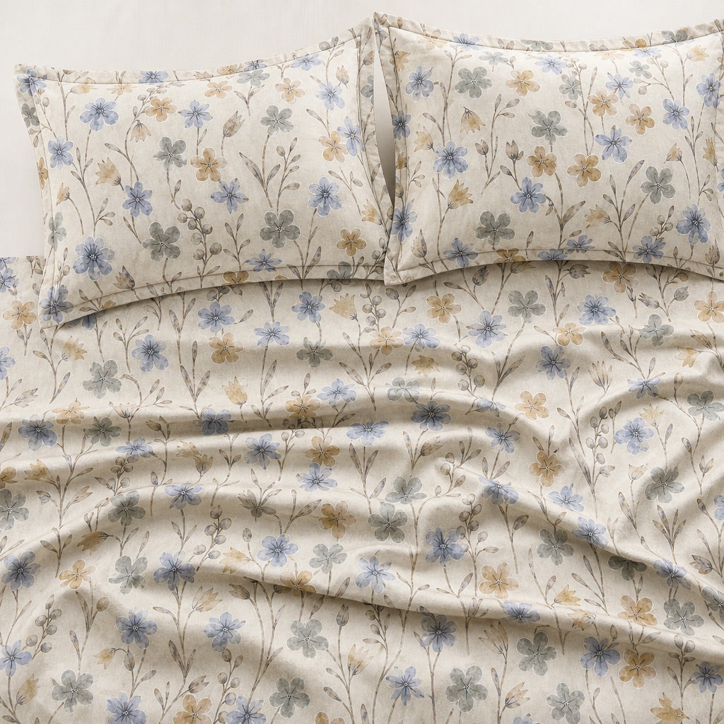 Calendula Blue & Ochre Wildflower 300TC Pure Cotton Sateen Bed Sheet - Home Artisan