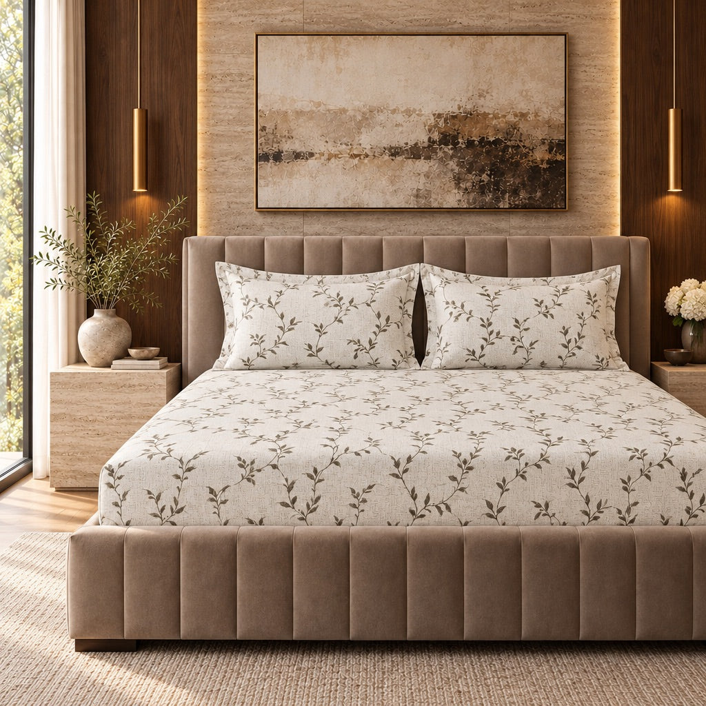 Myrtle Olive Leaf Trail 300TC Pure Cotton Sateen Bed Sheet - Home Artisan