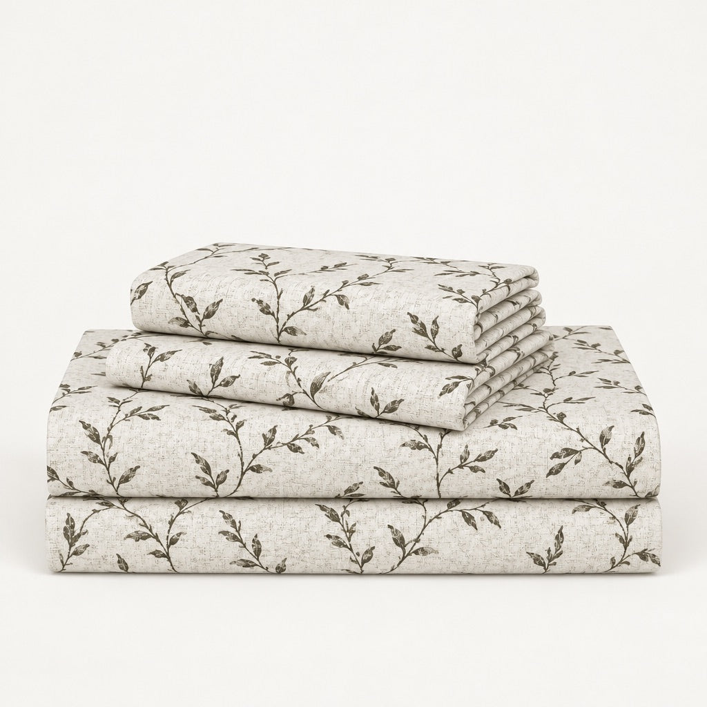 Myrtle Olive Leaf Trail 300TC Pure Cotton Sateen Bed Sheet - Home Artisan