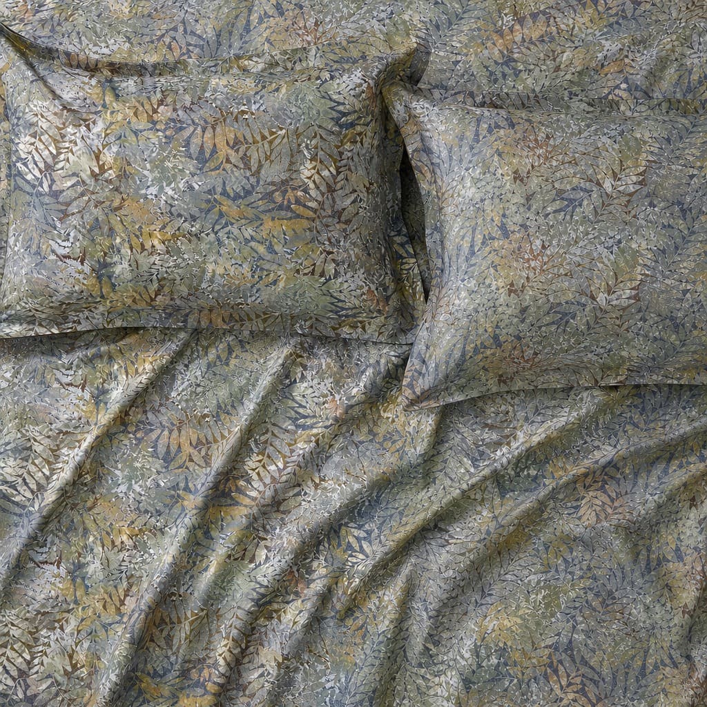 Acacia Slate Blue & Olive Botanical 300TC Pure Cotton Sateen Bed Sheet - Home Artisan