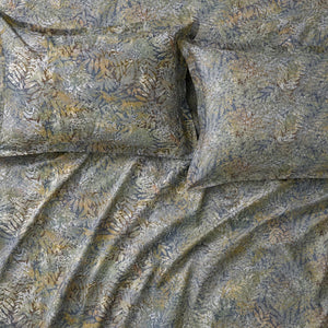 Acacia Slate Blue & Olive Botanical 300TC Pure Cotton Sateen Bed Sheet - Home Artisan