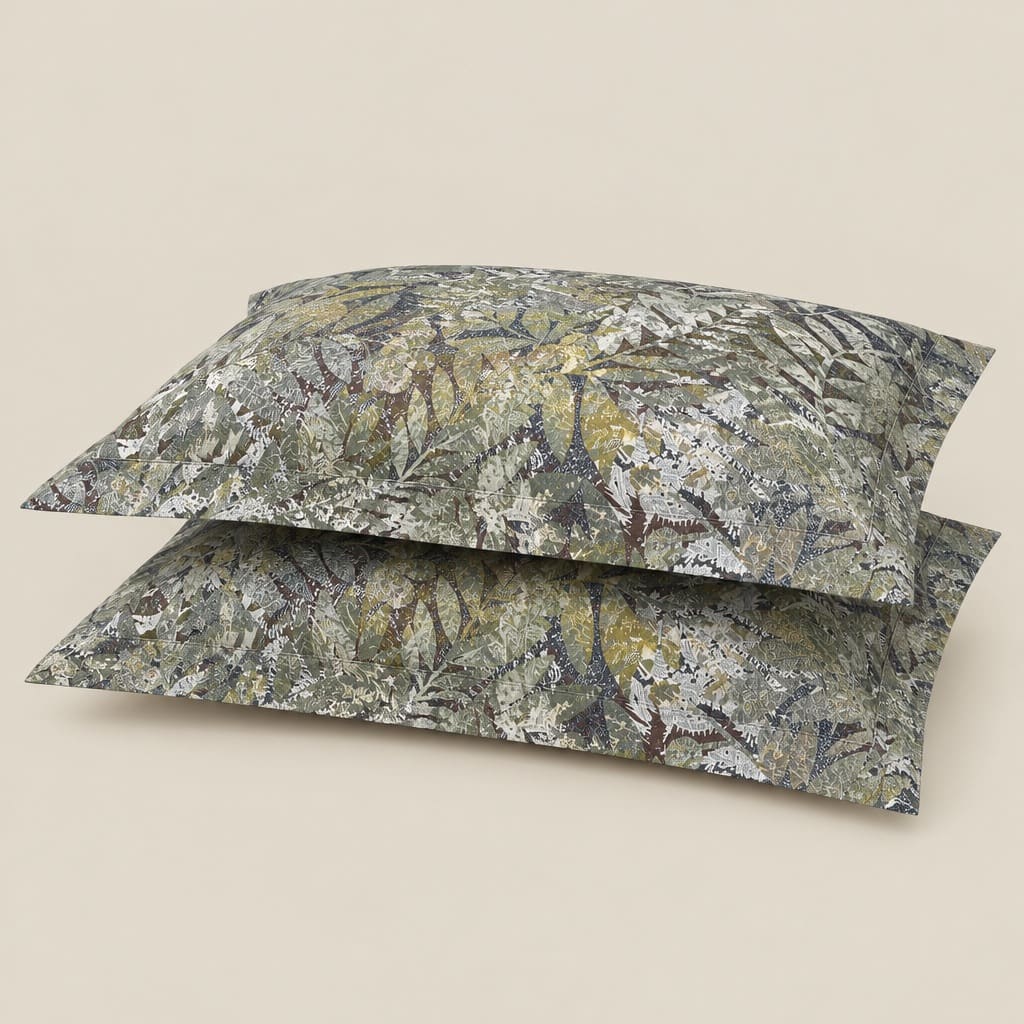 Acacia Slate Blue & Olive Botanical 300TC Pure Cotton Sateen Bed Sheet - Home Artisan