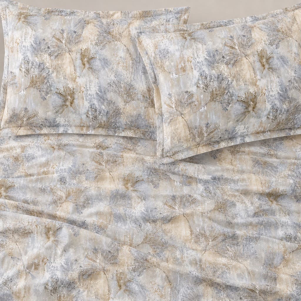 Astrantia Blue-Grey Abstract Botanical 300TC Pure Cotton Sateen Bed Sheet - Home Artisan