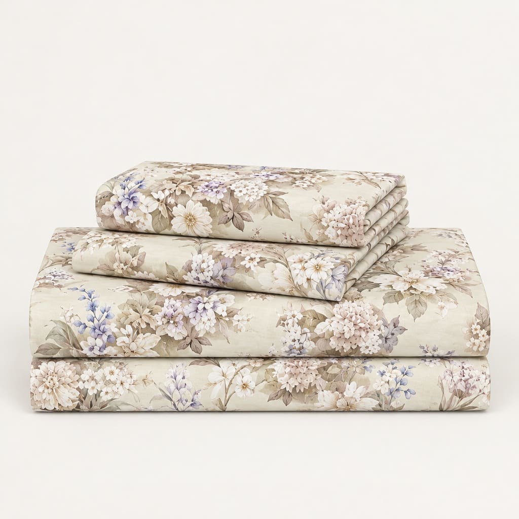 Wisteria Ivory & Lilac Bouquet 300TC Pure Cotton Sateen Bed Sheet - Home Artisan