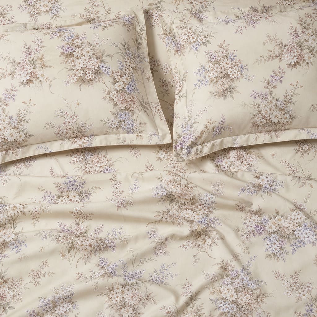 Wisteria Ivory & Lilac Bouquet 300TC Pure Cotton Sateen Bed Sheet - Home Artisan