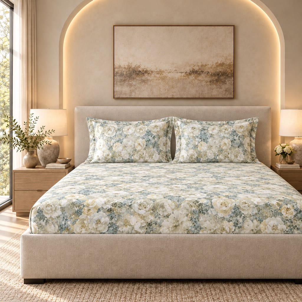 Hydrangea Sage & Blue Watercolour Floral 300TC Pure Cotton Sateen Bed Sheet - Home Artisan