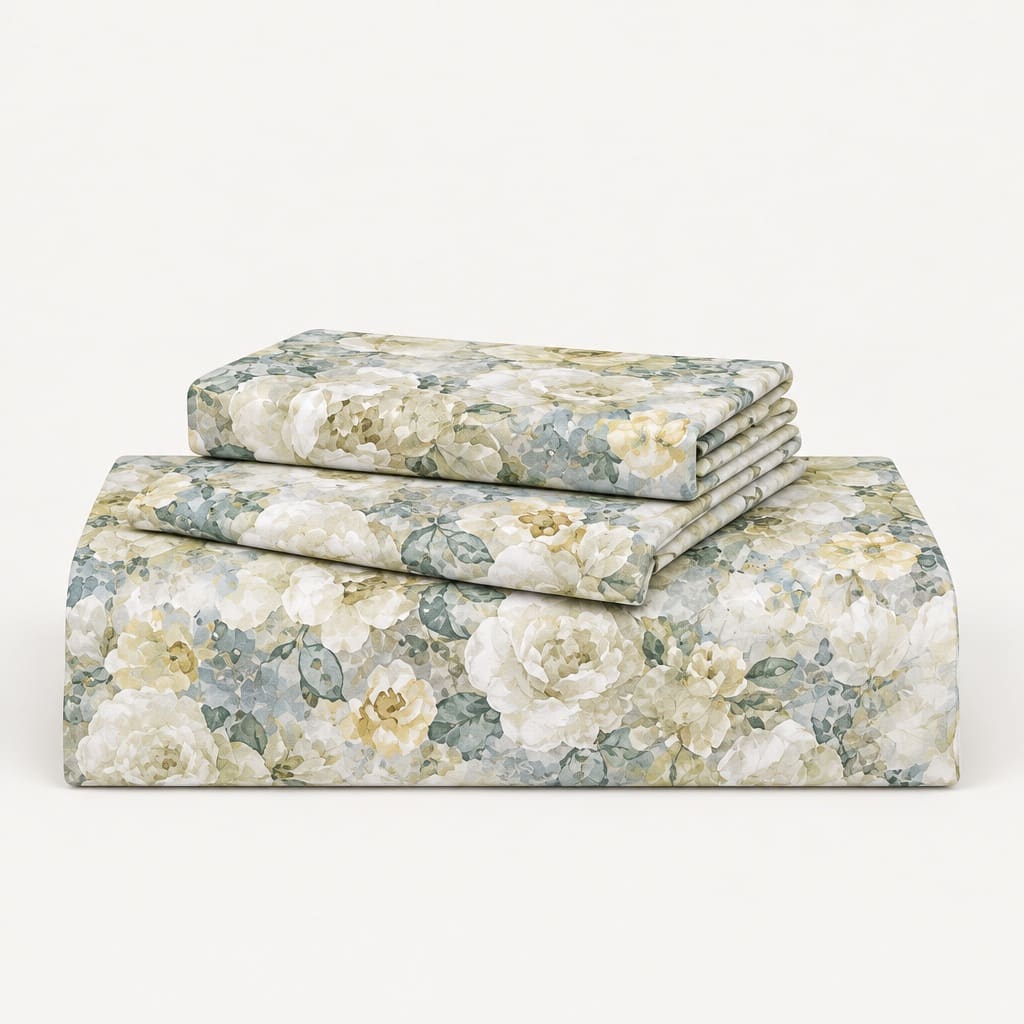 Hydrangea Sage & Blue Watercolour Floral 300TC Pure Cotton Sateen Bed Sheet - Home Artisan