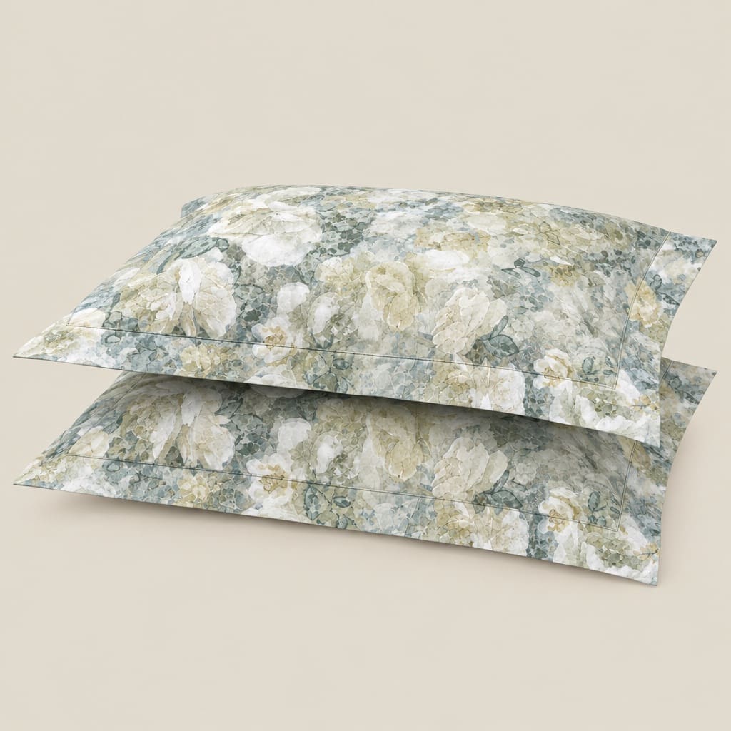 Hydrangea Sage & Blue Watercolour Floral 300TC Pure Cotton Sateen Bed Sheet - Home Artisan