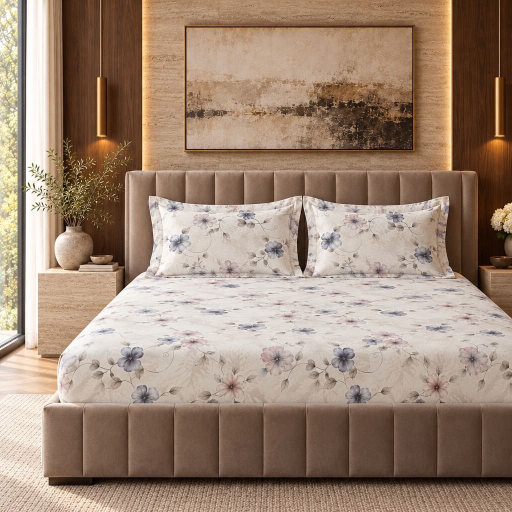Celosia Blue & Pink Trailing Floral 300TC Pure Cotton Sateen Bed Sheet - Home Artisan