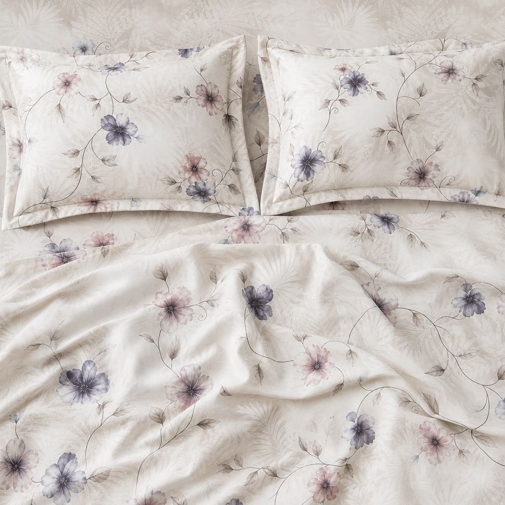 Celosia Blue & Pink Trailing Floral 300TC Pure Cotton Sateen Bed Sheet - Home Artisan