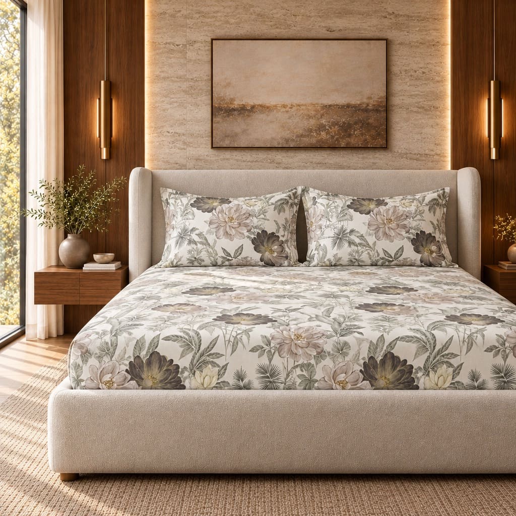 Protea Taupe & Charcoal Garden Floral 300TC Pure Cotton Sateen Bed Sheet - Home Artisan