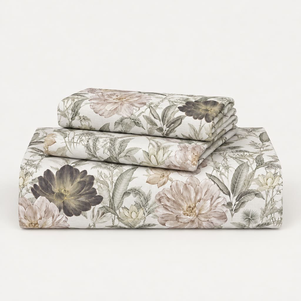 Protea Taupe & Charcoal Garden Floral 300TC Pure Cotton Sateen Bed Sheet - Home Artisan