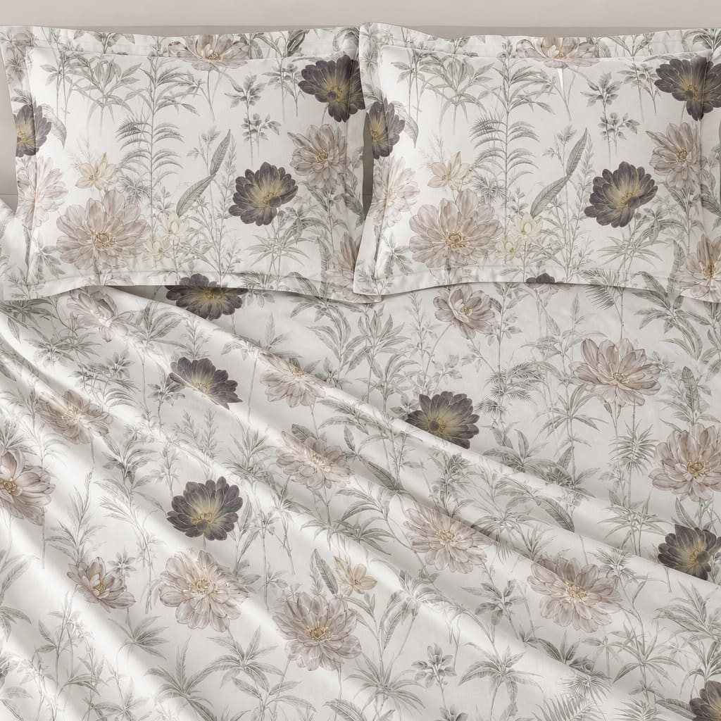 Protea Taupe & Charcoal Garden Floral 300TC Pure Cotton Sateen Bed Sheet - Home Artisan