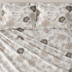 Protea Taupe & Charcoal Garden Floral 300TC Pure Cotton Sateen Bed Sheet - Home Artisan