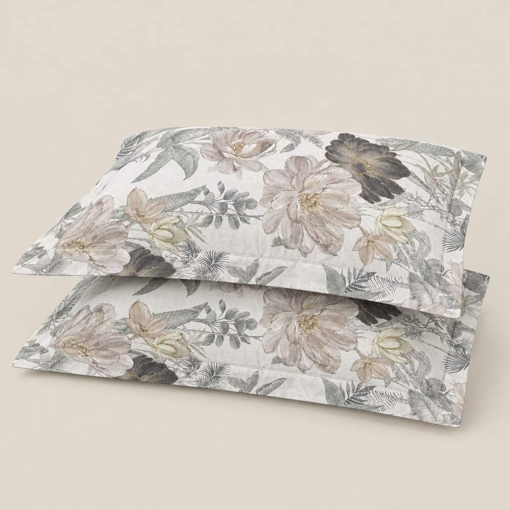 Protea Taupe & Charcoal Garden Floral 300TC Pure Cotton Sateen Bed Sheet - Home Artisan