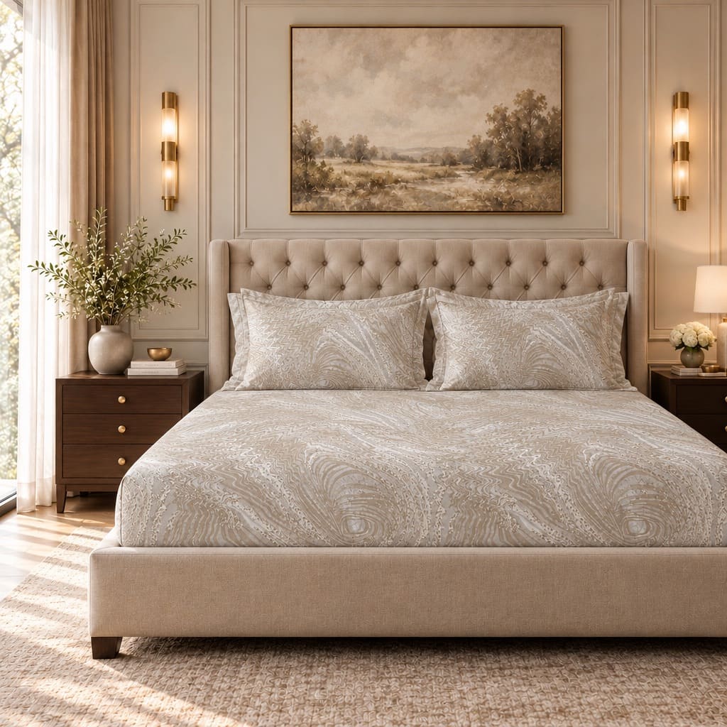 Fleur Taupe Abstract Swirl 300TC Pure Cotton Sateen Bed Sheet - Home Artisan