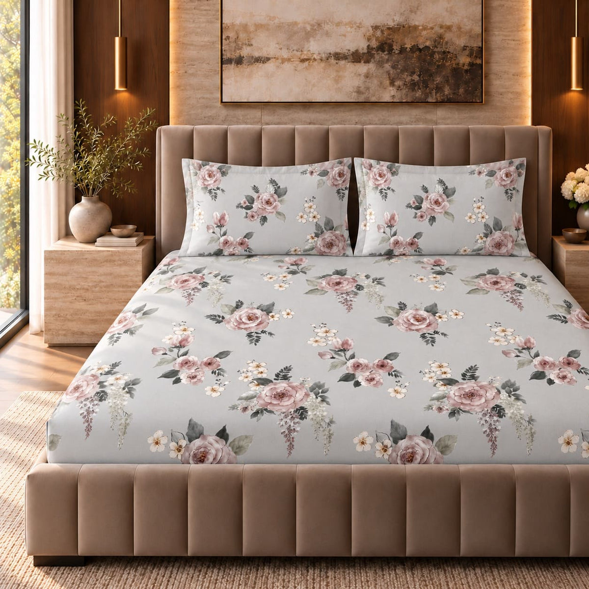 Rosina Grey & Blush Rose Tencel Jacquard Bed Sheet - Home Artisan
