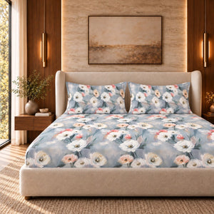 Poppy Blue-Grey Watercolour Floral Tencel Jacquard Bed Sheet - Home Artisan