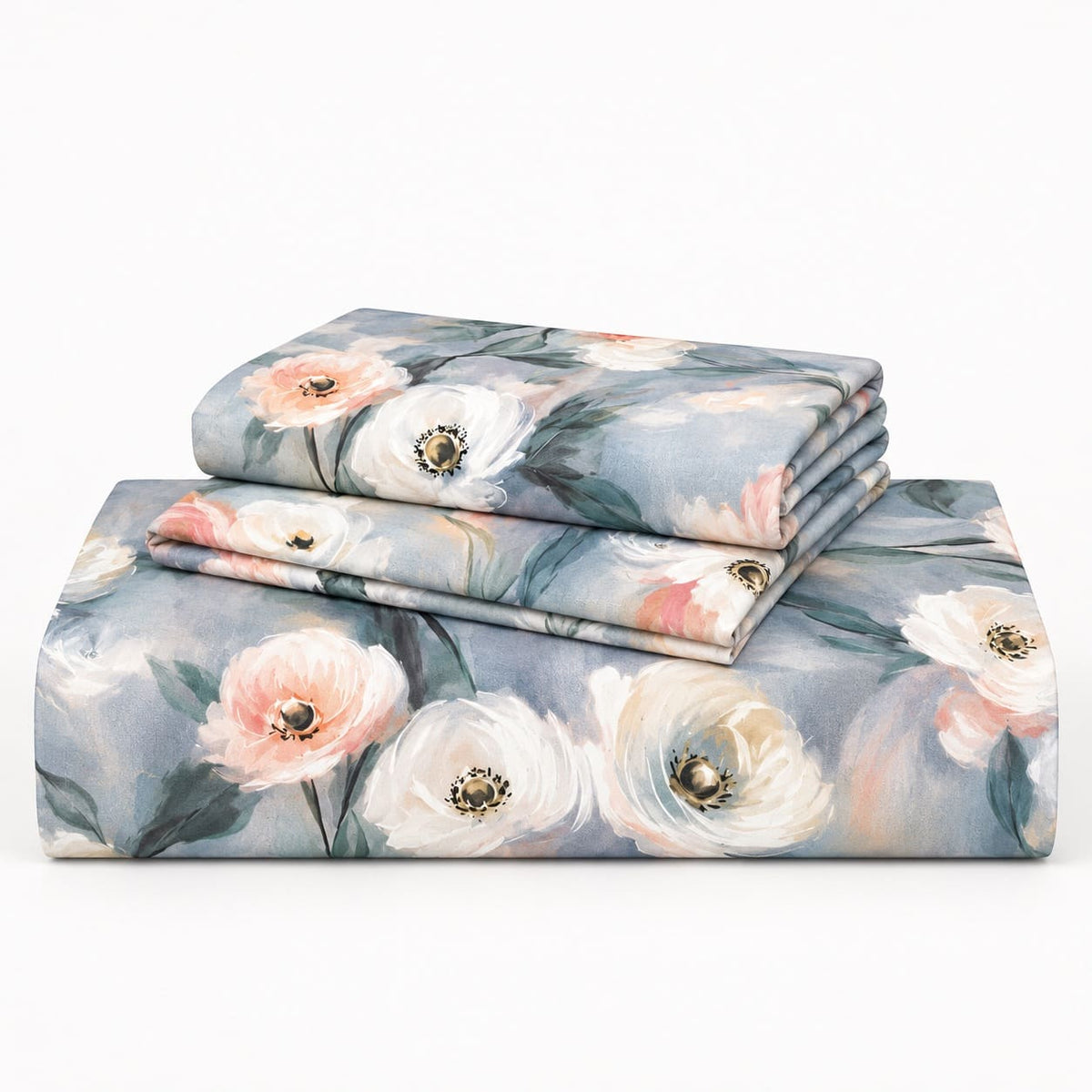 Poppy Blue-Grey Watercolour Floral Tencel Jacquard Bed Sheet - Home Artisan