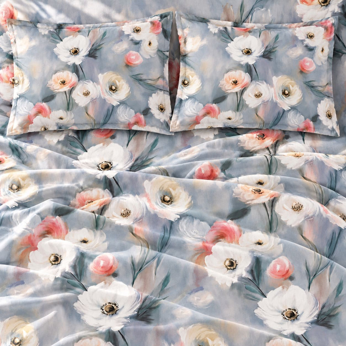 Poppy Blue-Grey Watercolour Floral Tencel Jacquard Bed Sheet - Home Artisan