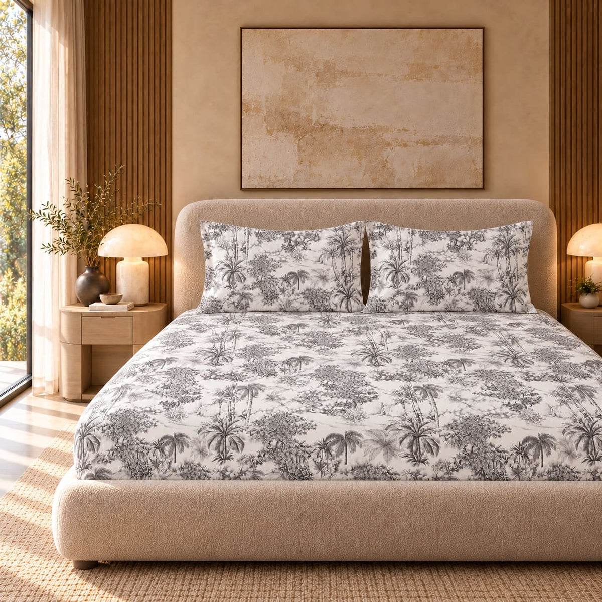 Oleander Charcoal Tropical Toile Tencel Jacquard Bed Sheet - Home Artisan