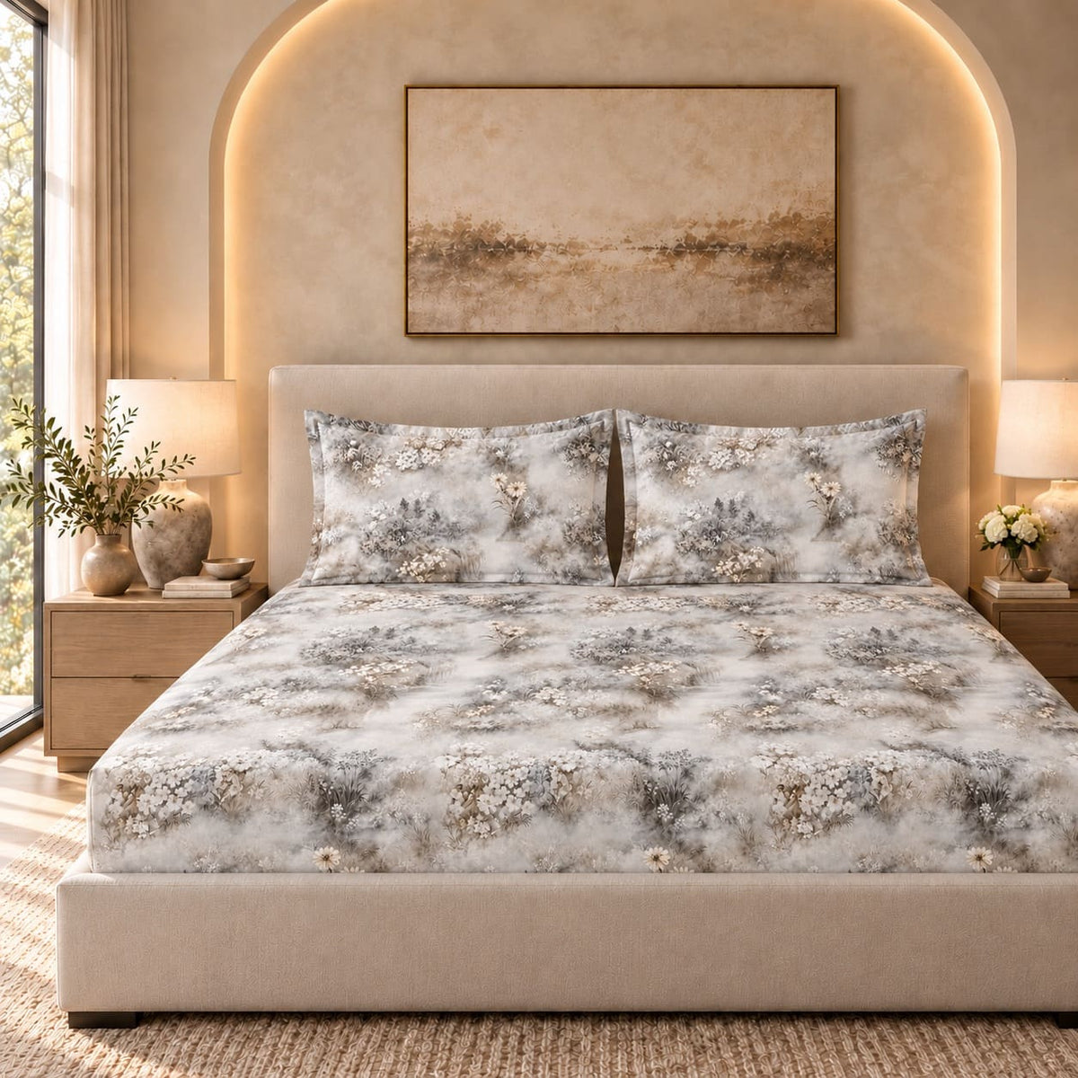 Gypsophila Mist Grey Floral Tencel Jacquard Bed Sheet - Home Artisan