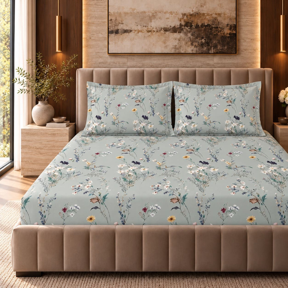 Scabiosa Sage Wildflower Tencel Jacquard Bed Sheet - Home Artisan