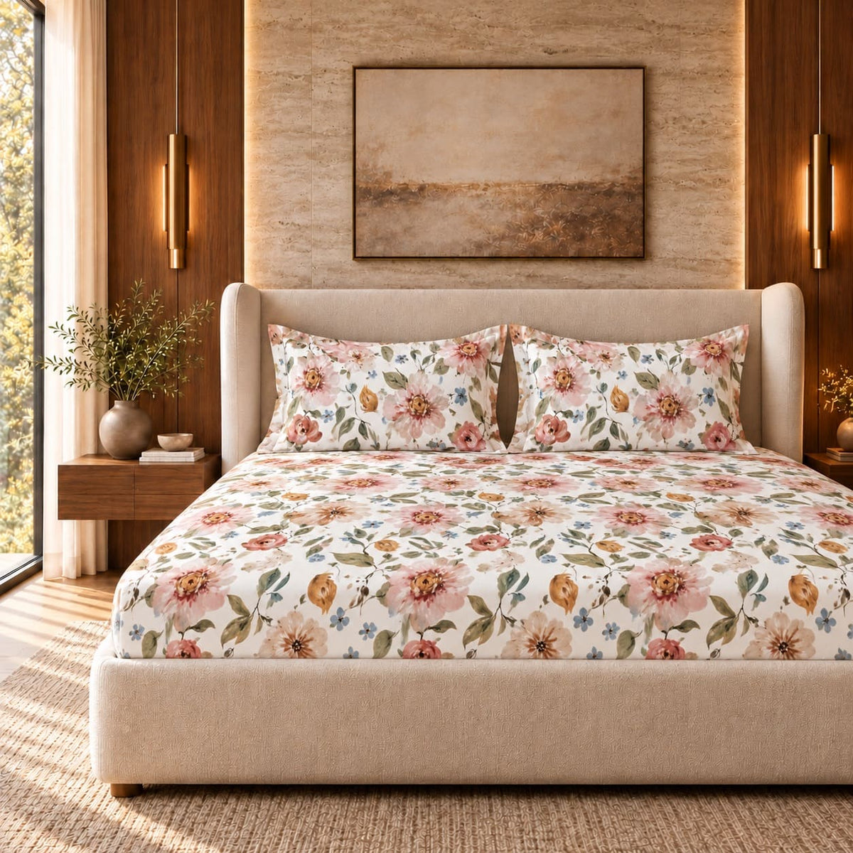 Marigold Peach & Ochre Garden Tencel Jacquard Bed Sheet - Home Artisan