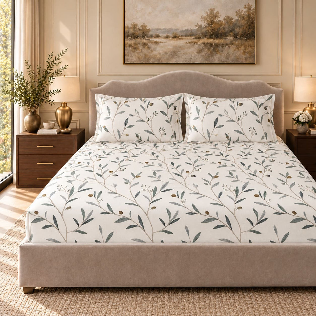 Olea Ivory Olive Branch Tencel Jacquard Bed Sheet - Home Artisan