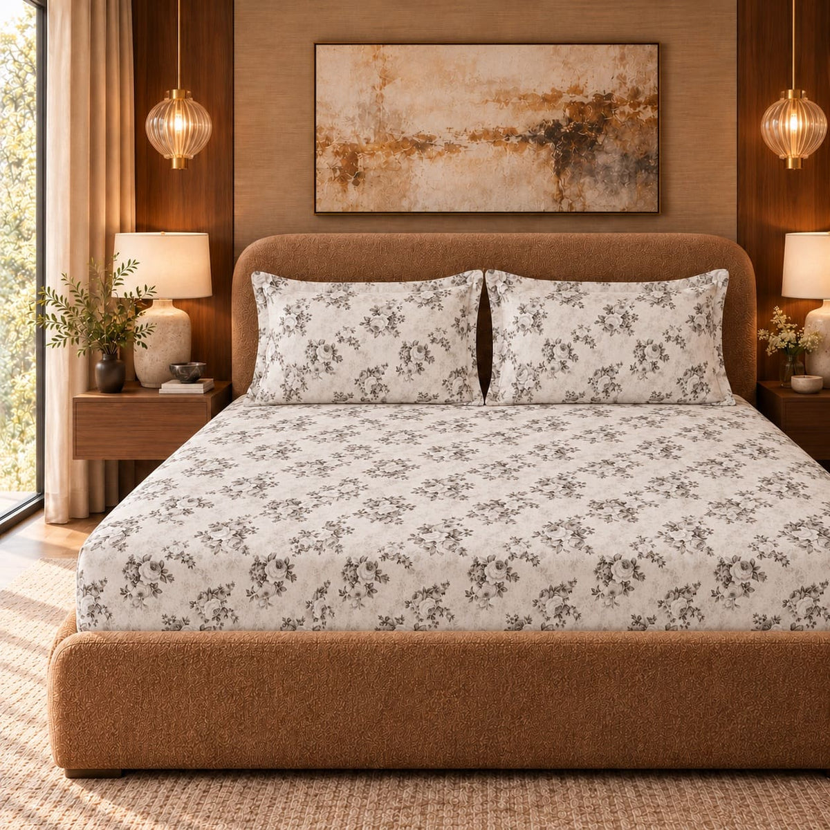 Dianthus Taupe Vintage Floral Tencel Jacquard Bed Sheet - Home Artisan