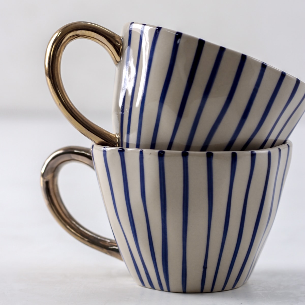 Ella Blue Vertical Striped Ceramic Cup with Golden Handle