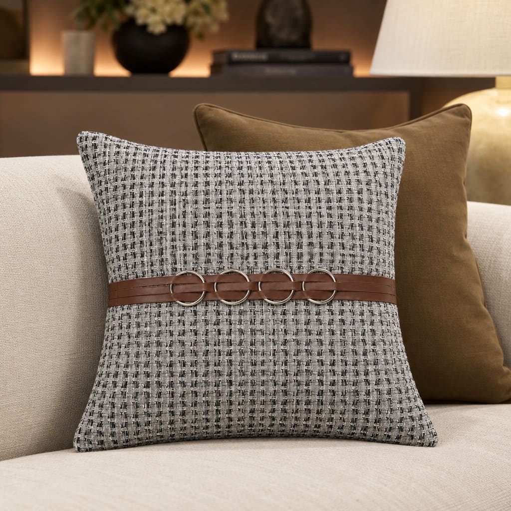 Beckett Grey Grid Cushion Cover with Ring Detail - Home Artisan