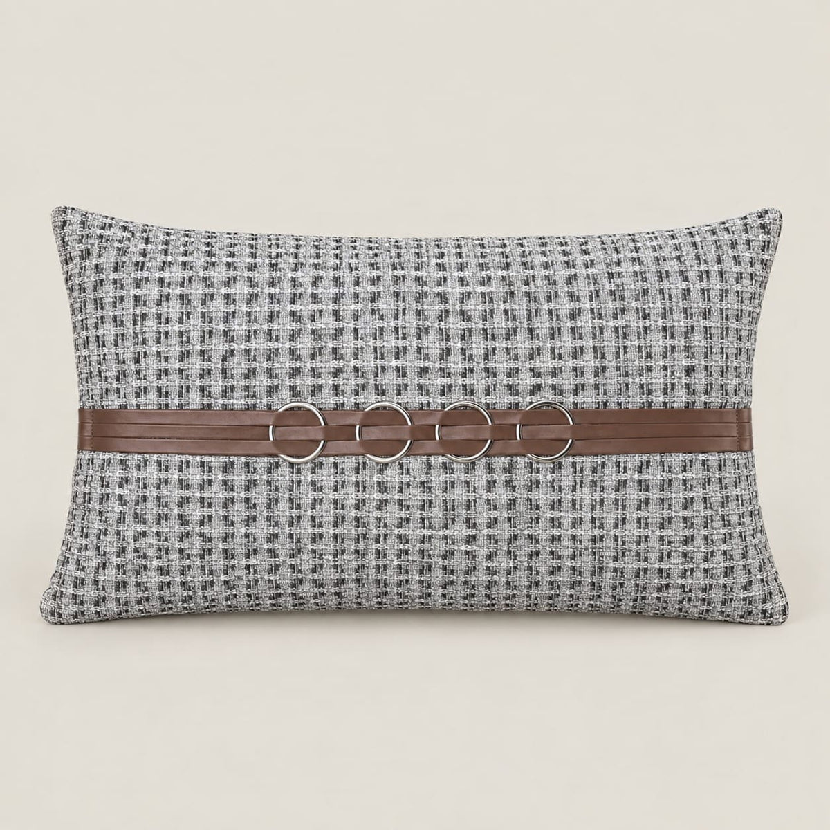 Beckett Grey Grid Rectangular Cushion Cover with Ring Detail - Home Artisan