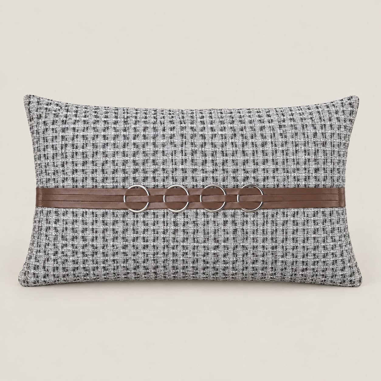 Beckett Grey Grid Rectangular Cushion Cover with Ring Detail - Home Artisan