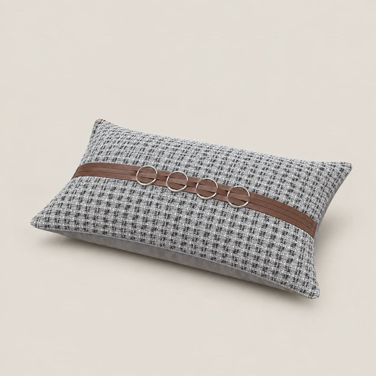Beckett Grey Grid Rectangular Cushion Cover with Ring Detail - Home Artisan