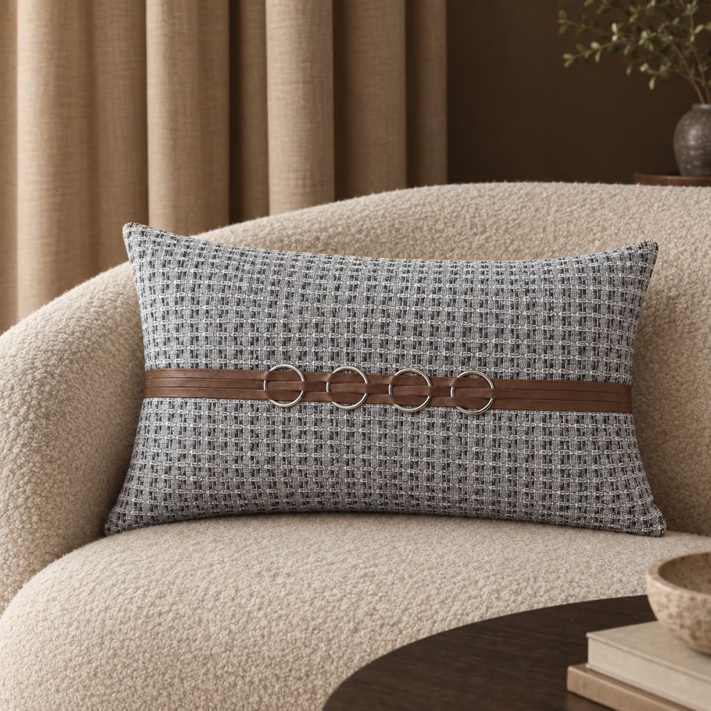 Beckett Grey Grid Rectangular Cushion Cover with Ring Detail - Home Artisan